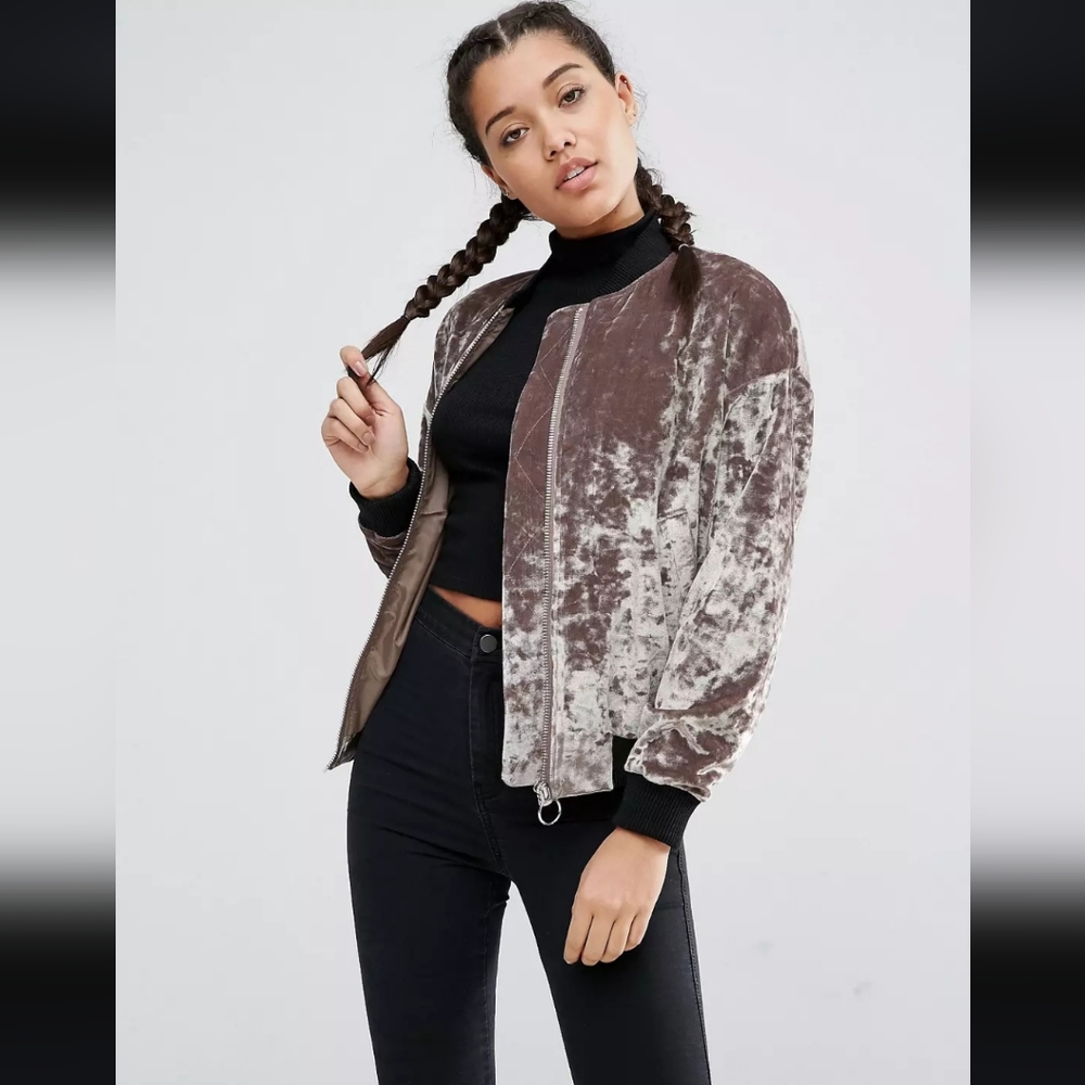 ASOS 12 Champagne Tan Black Brown Velvet Bomber Jacket Womens Lined Zip Up Comfy